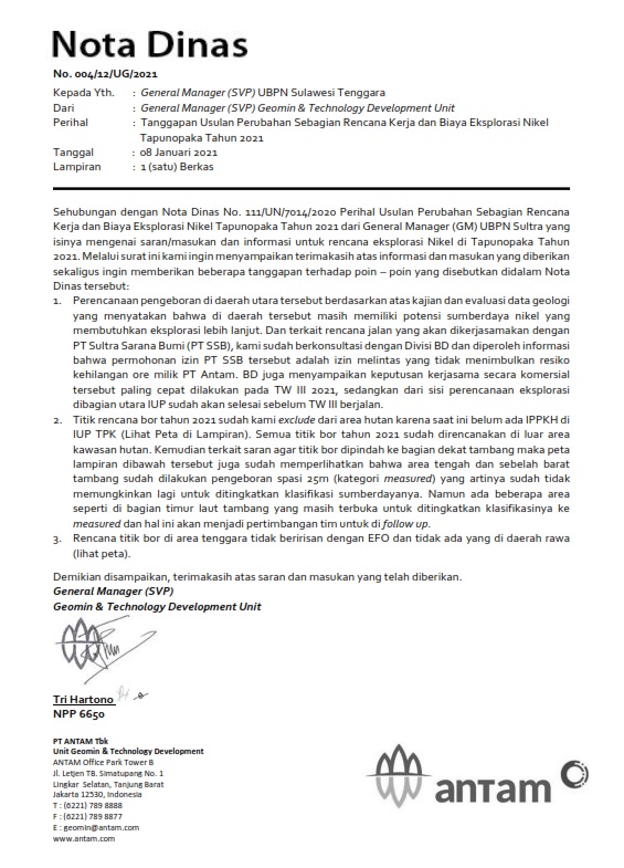 Nota dinas no. 004/12/UG/2021 tanggapan usulan perubahan sebagian rencana kerja dan biaya ekplorasi nikel Tapunopaka tahun 2021