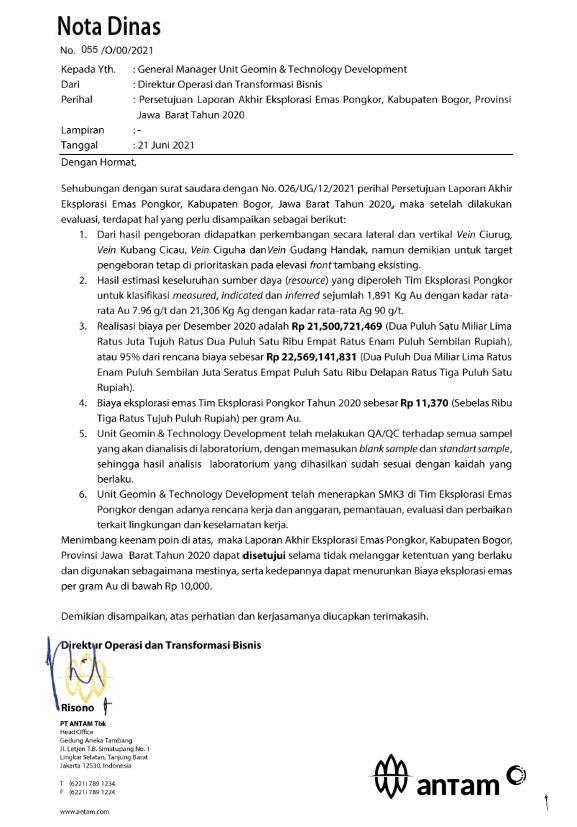 Nota dinas no. 055/O/00/2021 persetujuan laporan akhir eksplorasi emas Pongkor, Kabupaten Bogor, Provinsi Jawa Barat tahun 2020