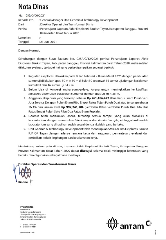 Nota dinas no. 058/O/00/2021 persetujuan laporan akhir eksplorasi bauksit Tayan, Kabupaten Sanggau, Provinsi Kalimantan Barat tahun 2020
