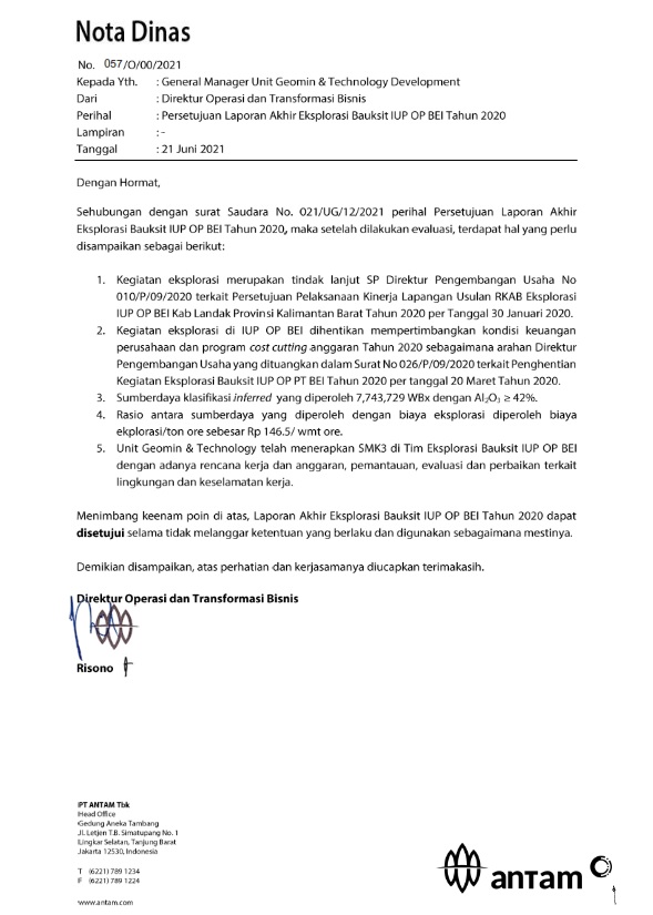 Nota dinas no. 057/O/00/2021 persetujuan laporan akhir eksplorasi bauksit IUP OP BEI tahun 2020