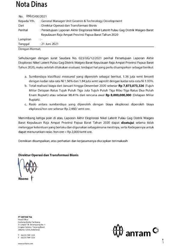 Nota dinas no. 056/O/00/2021 persetujuan laporan akhir eksplorasi nikel laterit Pulau Gag Distrik Waigeo Barat Kepulauan Raja Ampat Provinsi Papua Barat tahun 2020