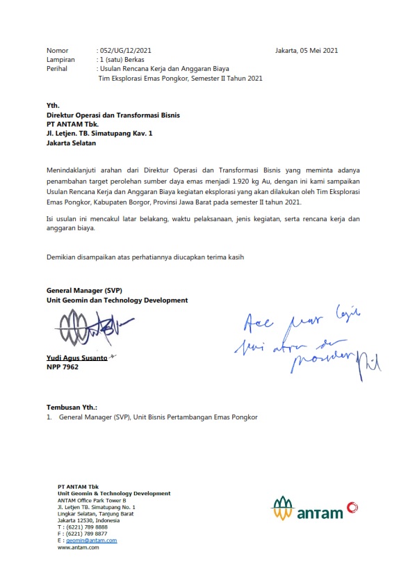 Nota dinas 052/UG/12/2012 usulan rencanakerja dan anggaran biaya tim eksplorasi emas Pongkor semester II tahun 2021
