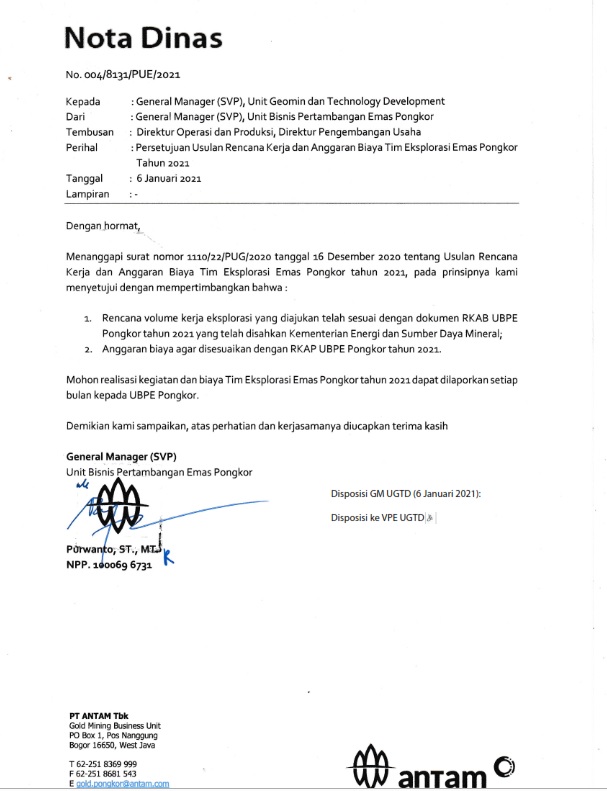 Nota dinas no. 004/8131/PUE/2021 persetujuan usulan rencana kerja dan anggaran biaya tim eksplorasi emas Pongkor tahun 2021