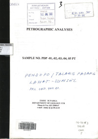 Petrographic Analysis Sample No. PDP -01,-02,03,-04, 05 PT: Pendopo / Talang Padang Lahat - Sumsel PKL. 0450.9010.40