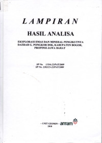 Lampiran hasil analisa: Eksplorasi emas dan mineral pengikutnya daerah G. Pongkor dsk. Kabupaten Bogor, provinsi Jawa Barat: SP NO 135/6-22/PAT/2009 SP NO. 2282/23-22/PAT/2009