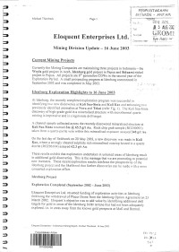 Eloquent Enterprises Ltd. Mining division update - 16 June 2003