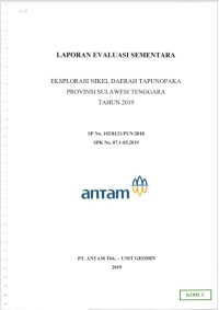 Laporan Evaluasi Sementara Eksplorasi Nikel Daerah Tapunopaka Provinsi Sulawesi Tenggara Tahun 2019 SP no. 102/8131/PUN/2018 SPK No. 07.1-05.2019