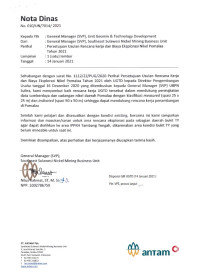 Nota dinas No. 010/UN/7014/2021 persetujuan usulan rencana kerja dan biaya eksplorasi nikel Pomalaa tahun 2021